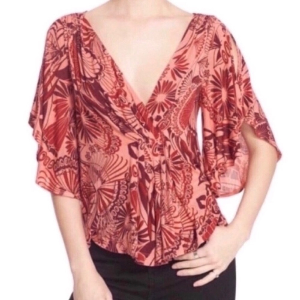 Free People Coral Combo Amour Pullover Cold Shoulder Top